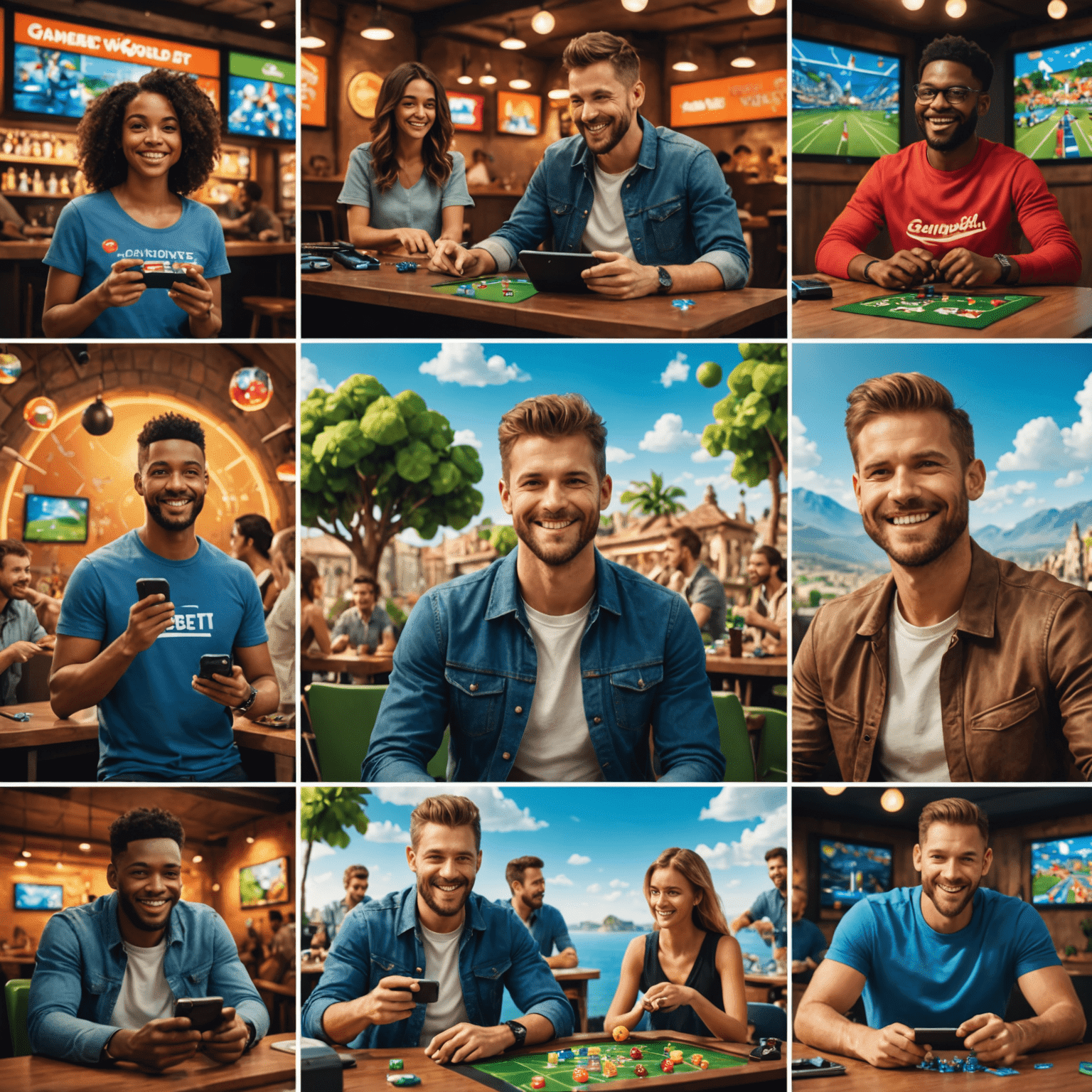 A collage showcasing various casual games and happy players enjoying GameWorldBet's platform on different devices