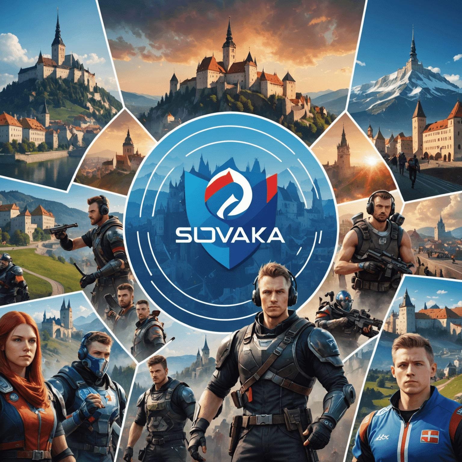 A collage of popular video game characters and esports players, with Slovak landmarks in the background, representing the top gaming trends in Slovakia