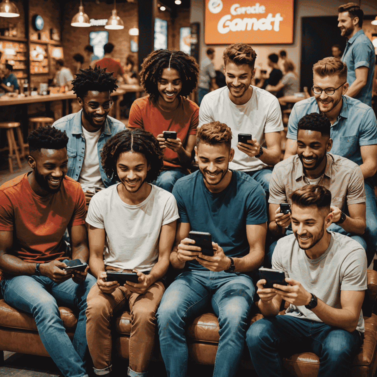 A group of diverse people playing mobile games on smartphones and tablets, showcasing popular casual and skill-based games