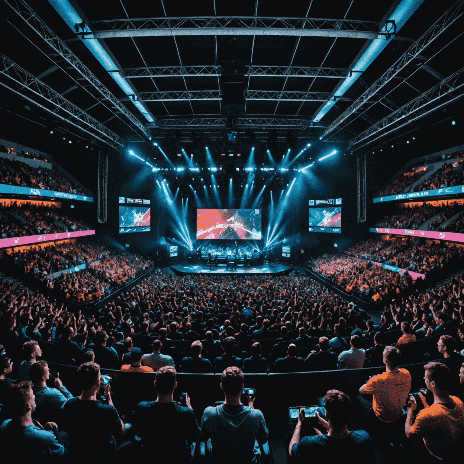 A panoramic view of a packed esports arena in Bratislava, with enthusiastic fans cheering for their favorite teams. The stage is lit up with neon accents, showcasing players intensely focused on their game.
