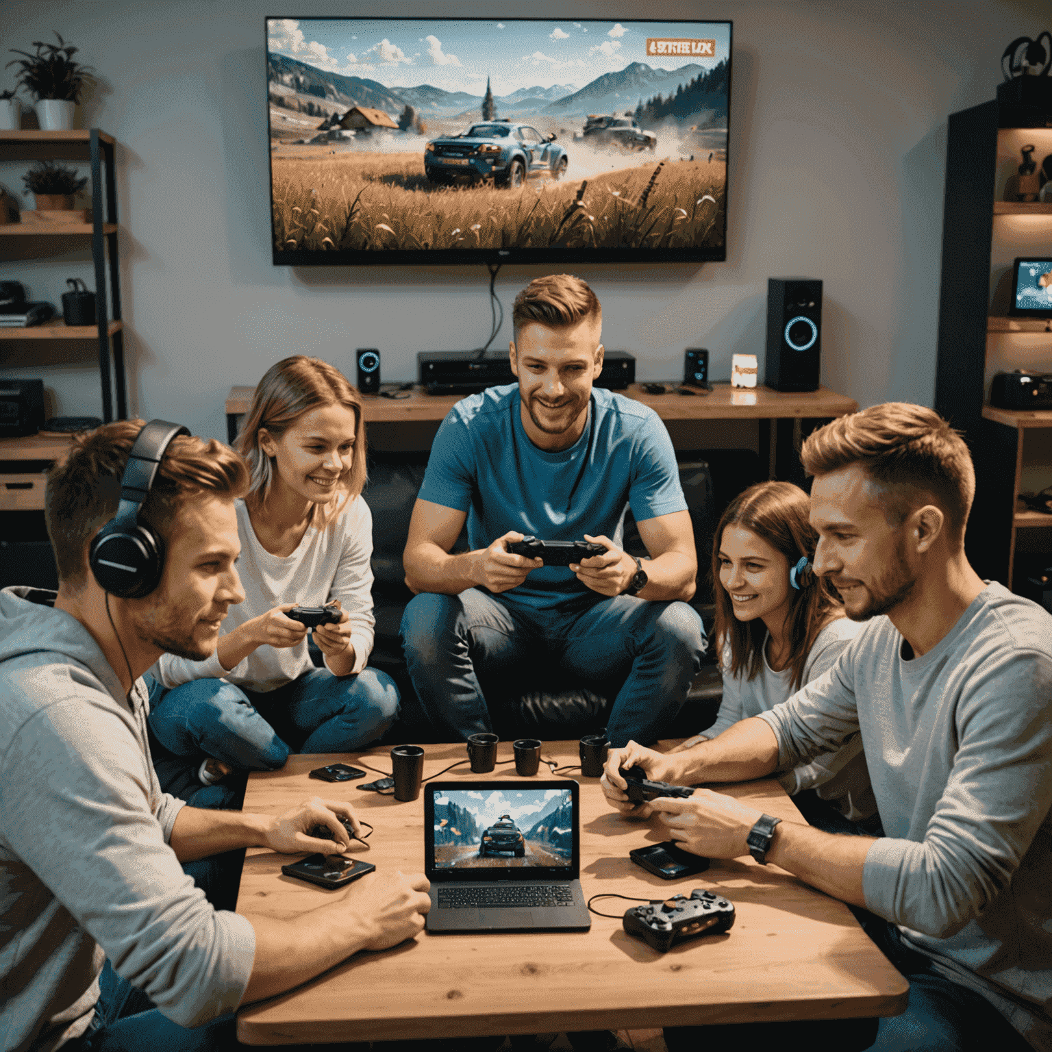 A group of diverse Slovak people enjoying casual gaming on various devices, with responsible gaming messages displayed on screens
