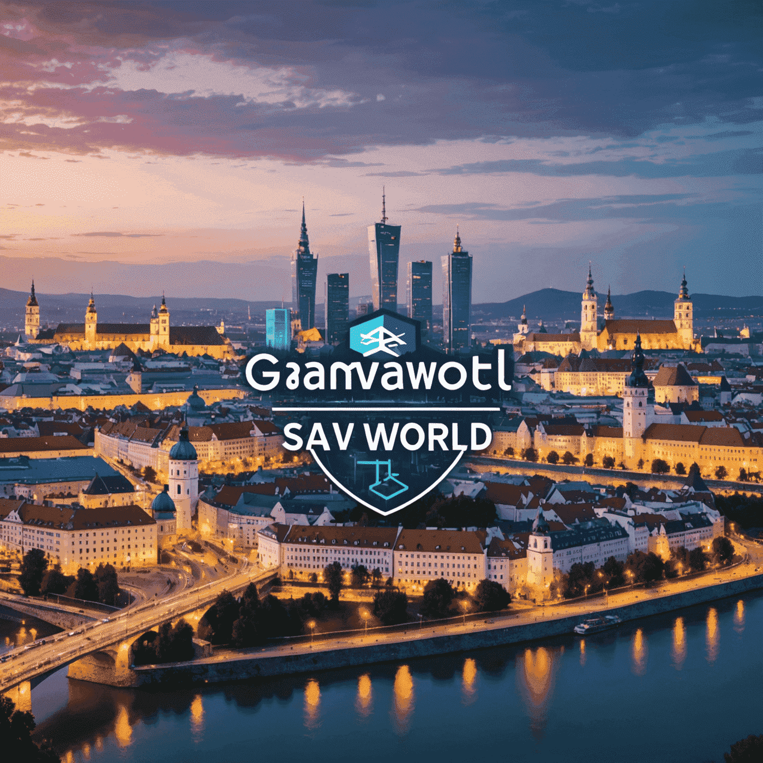 A panoramic view of Bratislava skyline with digital gaming icons and GameWorldBet logo overlaid, symbolizing the company's integration into Slovakia's gaming landscape