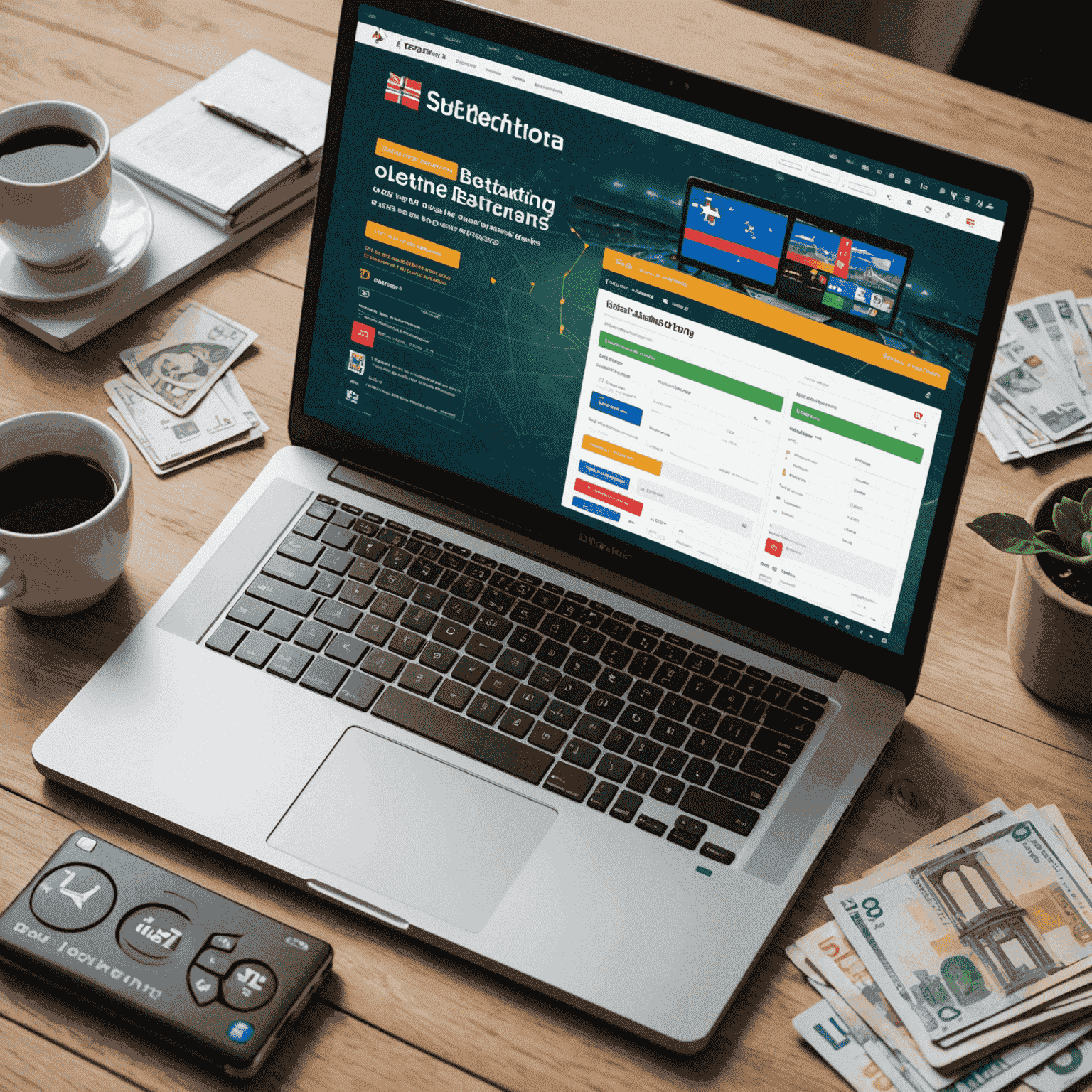 A laptop displaying various online betting platforms, with Slovak currency and a guidebook, representing a beginner's guide to online betting in Slovakia