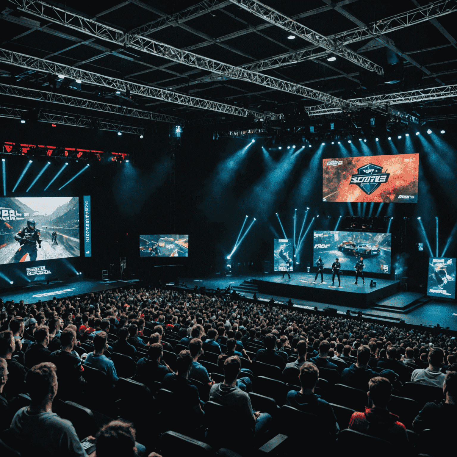 An esports tournament in Slovakia with players competing on stage and an enthusiastic audience watching on large screens