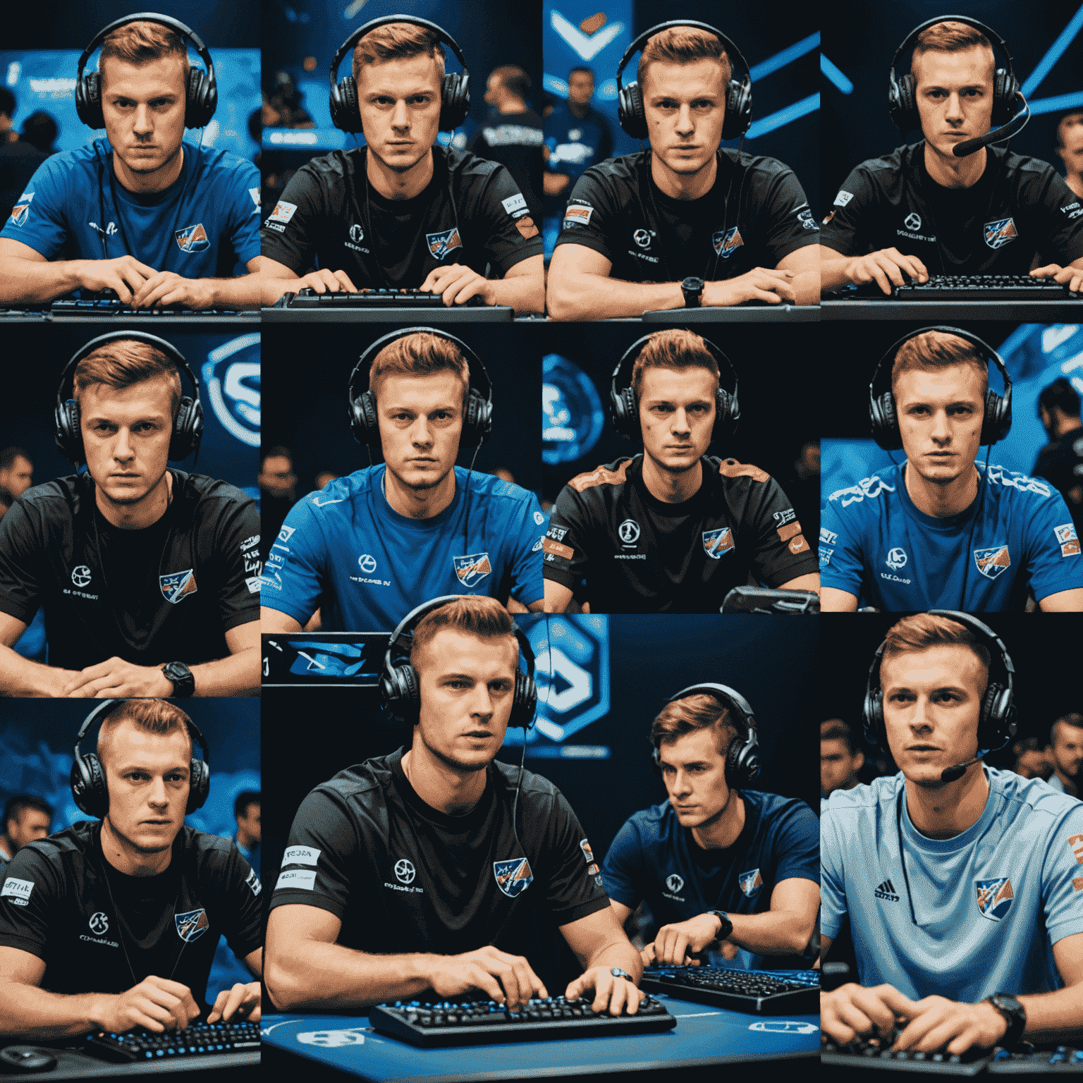 A collage of Slovak esports players in action, featuring close-ups of intense facial expressions and hands on keyboards and mice. The background shows snippets of game screens from popular esports titles.