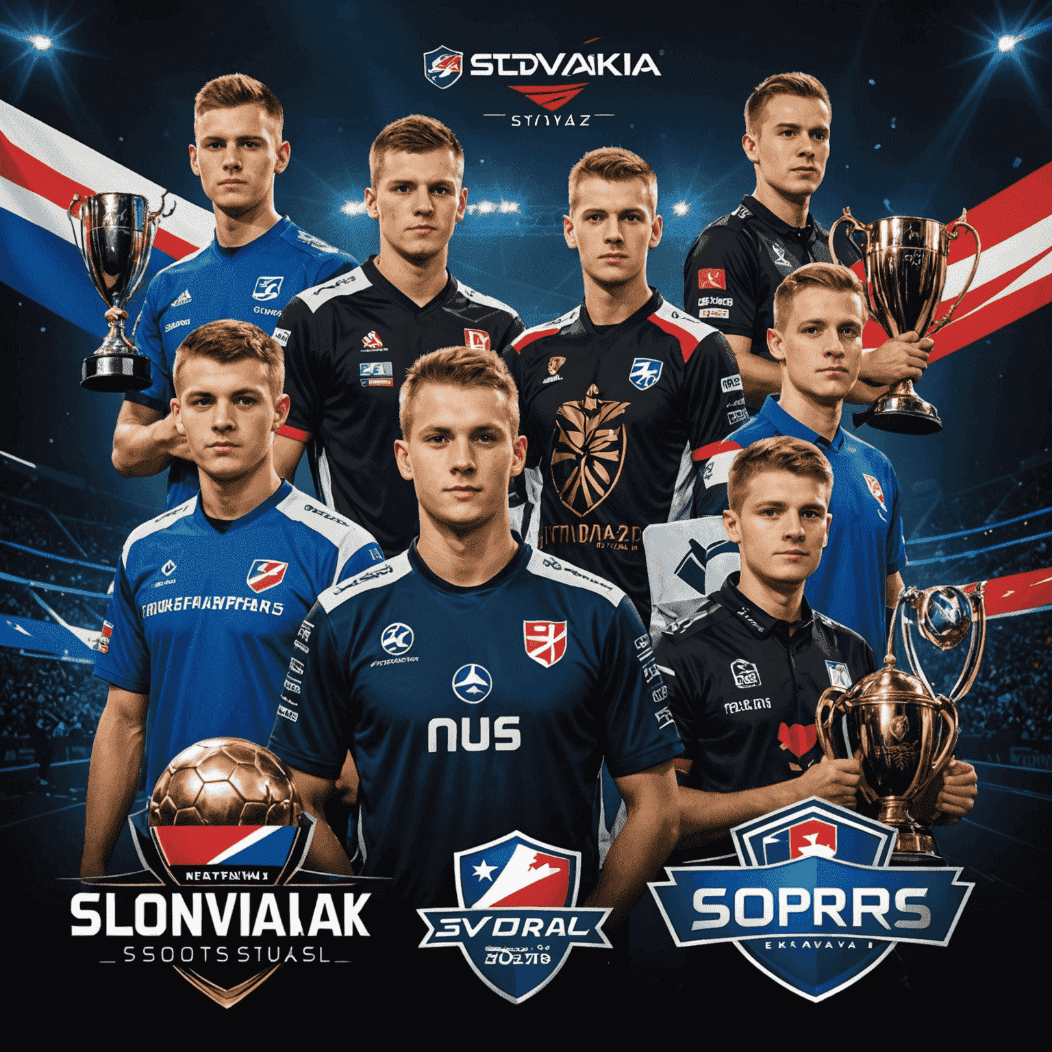 A montage of Slovak esports players, gaming arenas, and trophies, showcasing the rising stars and events in Slovakia's esports scene