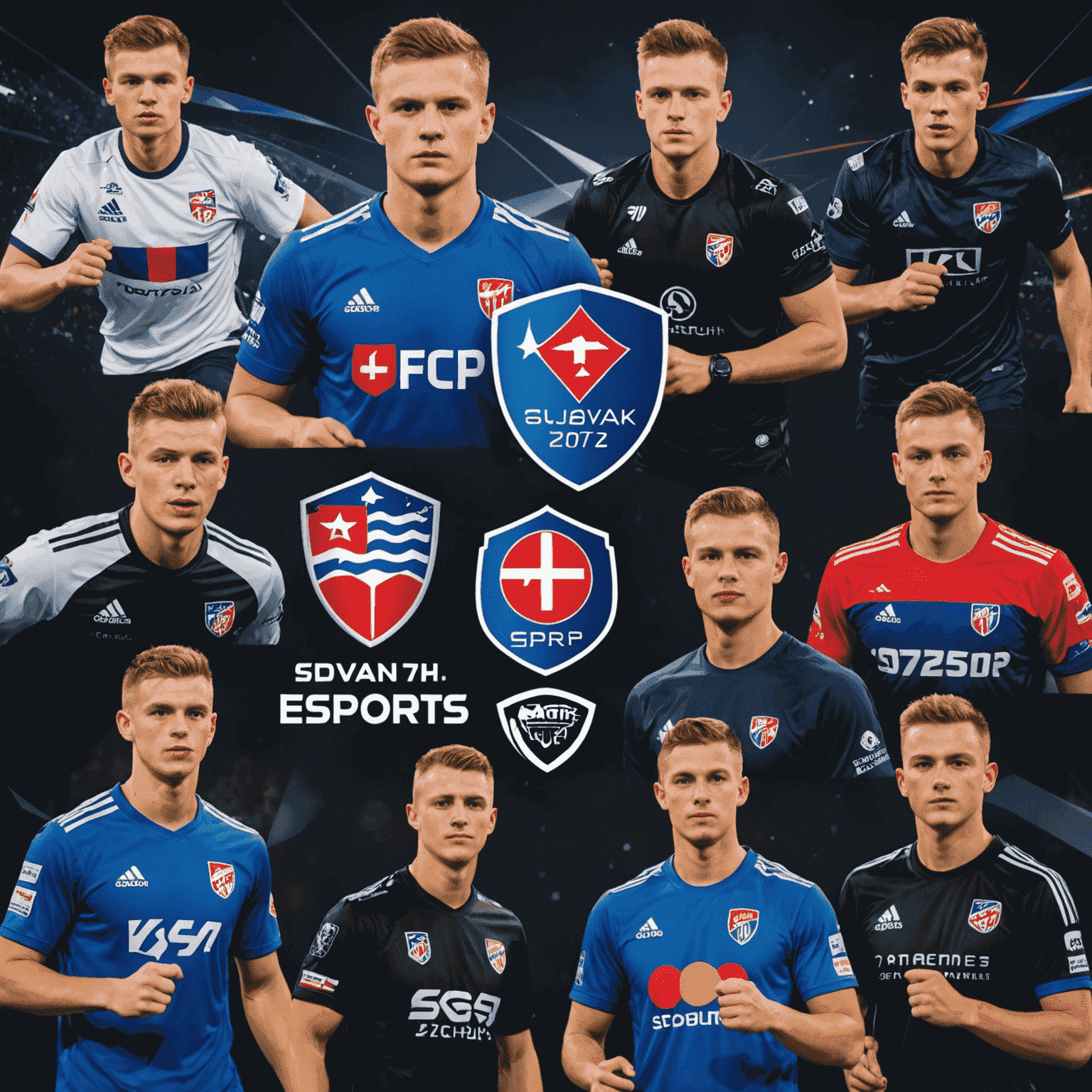 A montage of Slovak esports players competing in various games, with tournament logos and trophies