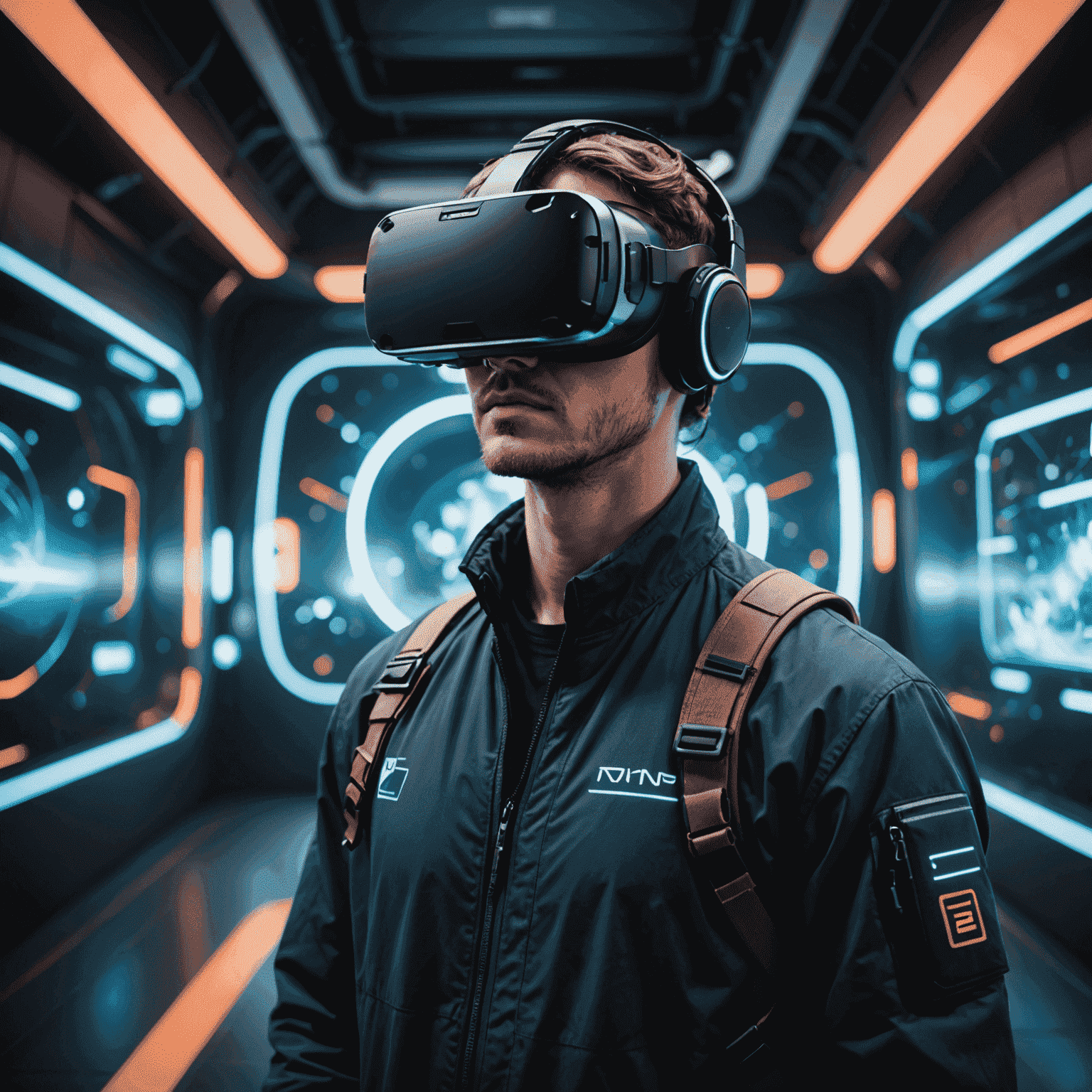 A person wearing a VR headset, immersed in a virtual game world with futuristic graphics