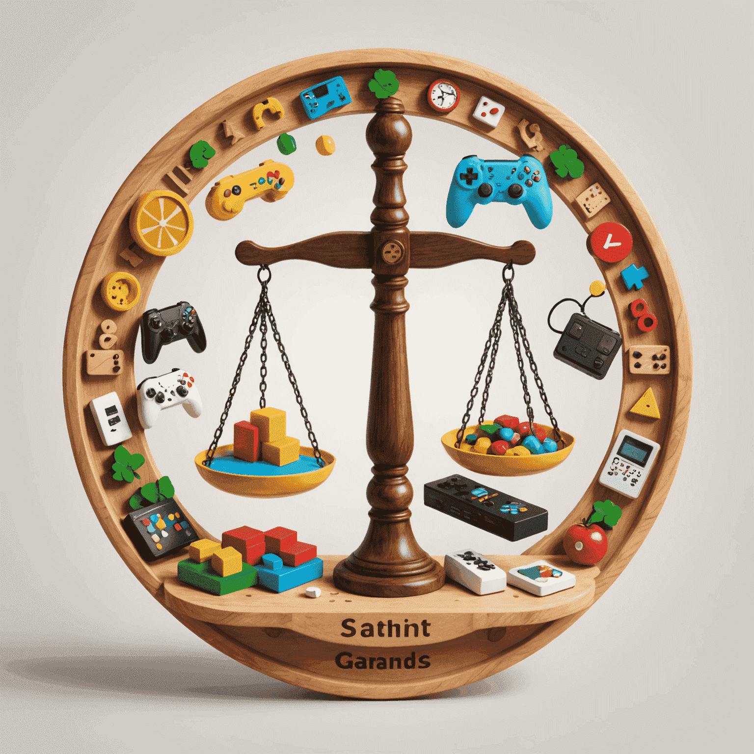 A balanced scale with gaming icons on one side and daily life activities on the other, symbolizing responsible gaming practices